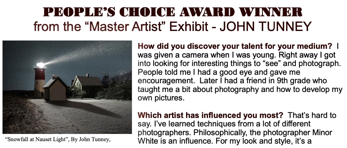 John Tunney is PEOPLE’S CHOICE AWARD WINNER, “Master Artist” Exhibit