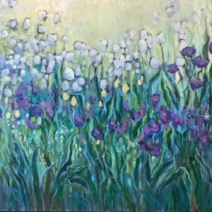 Painting of purple and white flowers in bloom