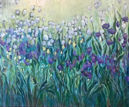 Painting of purple and white flowers in bloom
