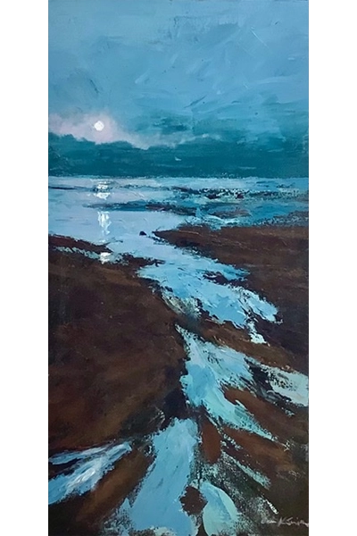Seaside painting with moonlit reflections