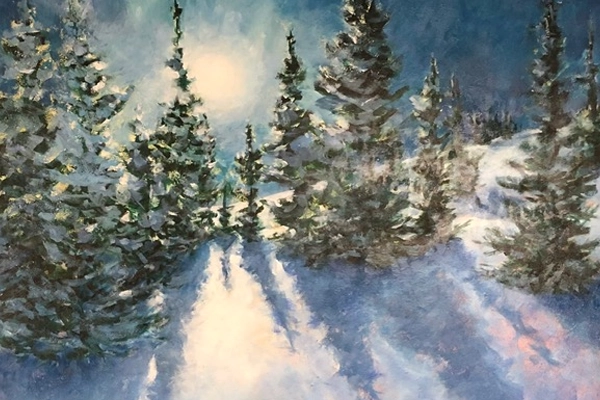 Winter forest painting with snow-covered trees