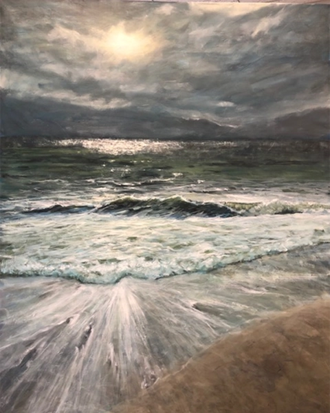 Painting of stormy sea under bright sun