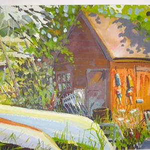 Sunlit garden shed with buoys and wild greenery