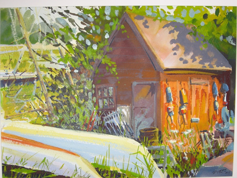 Sunlit garden shed with buoys and wild greenery