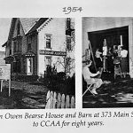 1954 photograph of the Cape Cod Art Association building and an art class in session outside a barn.