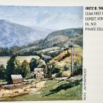Oil painting of a rural Vermont landscape with barns, rolling hills, and a mountain backdrop by Fritz B. Talbot.