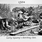 Group of artists painting outdoors in 1954 surrounded by lush greenery and houses.
