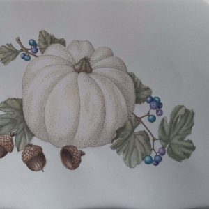 White pumpkin with acorns and berries illustration