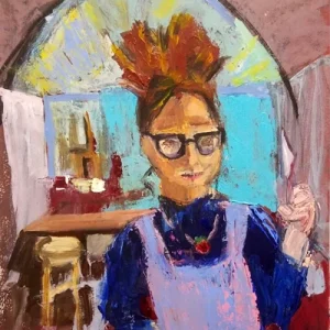 Colorful portrait of woman in glasses with bright background