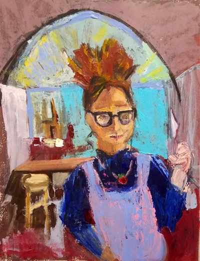Colorful portrait of woman in glasses with bright background
