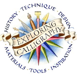 Exploring Calligraphy logo featuring art tools and decorative banner