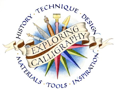Exploring Calligraphy logo featuring art tools and decorative banner