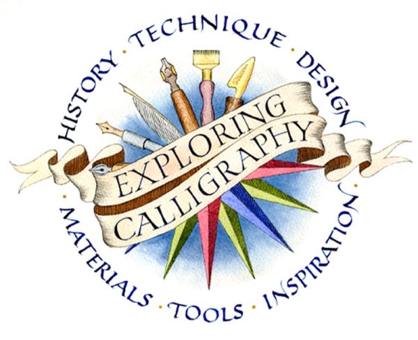 Exploring Calligraphy logo featuring art tools and decorative banner