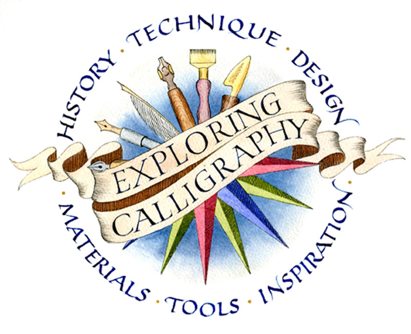 Exploring Calligraphy logo featuring art tools and decorative banner