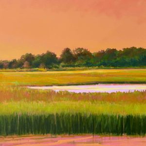 Field landscape painting with orange sky and green grass