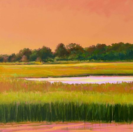 Field landscape painting with orange sky and green grass