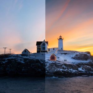 Lighthouse on snowy hill at sunset