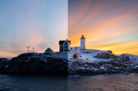 Lighthouse on snowy hill at sunset