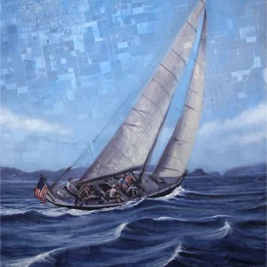Sailboat painting with crew navigating choppy sea