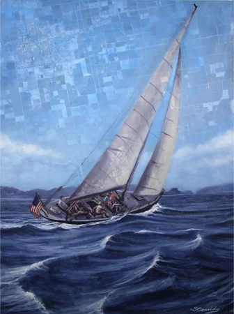 Sailboat painting with crew navigating choppy sea