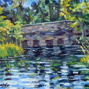 Painting of stone bridge over reflective water