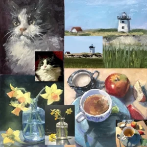 Collage of cat portraits, lighthouse scenes, and still lifes