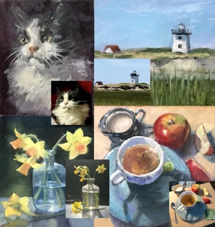 Collage of cat portraits, lighthouse scenes, and still lifes