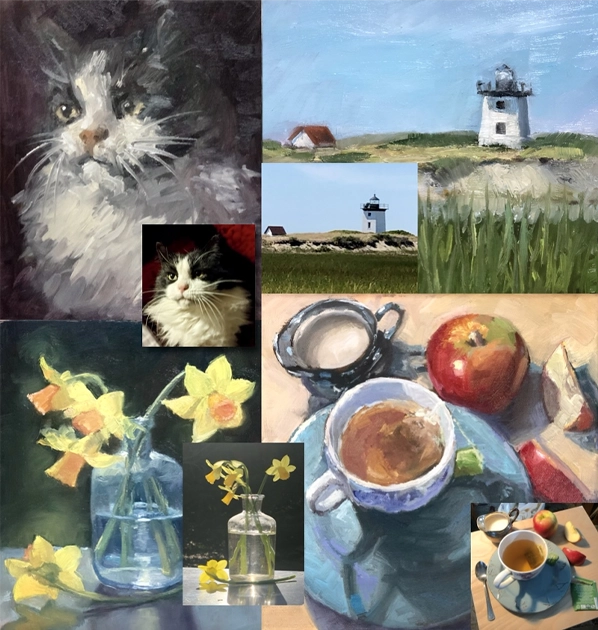 Collage of cat portraits, lighthouse scenes, and still lifes