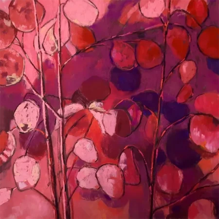 Abstract floral painting in pink, purple, and red hues