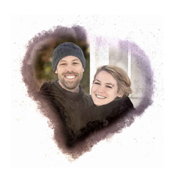 Smiling couple framed in watercolor heart effect