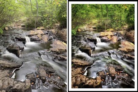 Forest stream flowing over rocks with long exposure effect.