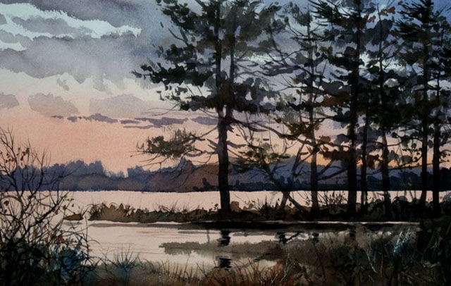 Watercolor landscape of pine trees by a lake at sunset