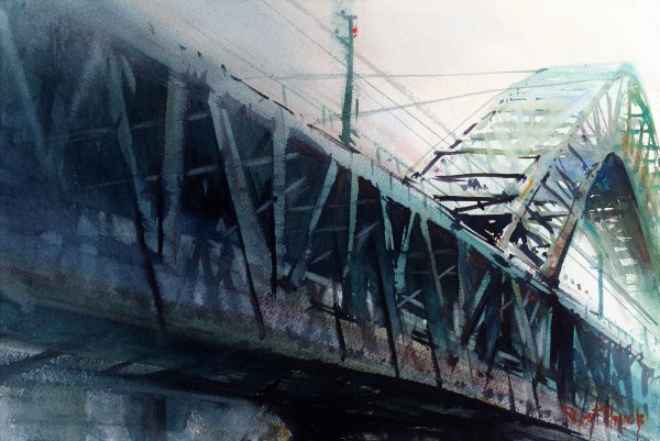 Watercolor painting of steel bridge with structural details
