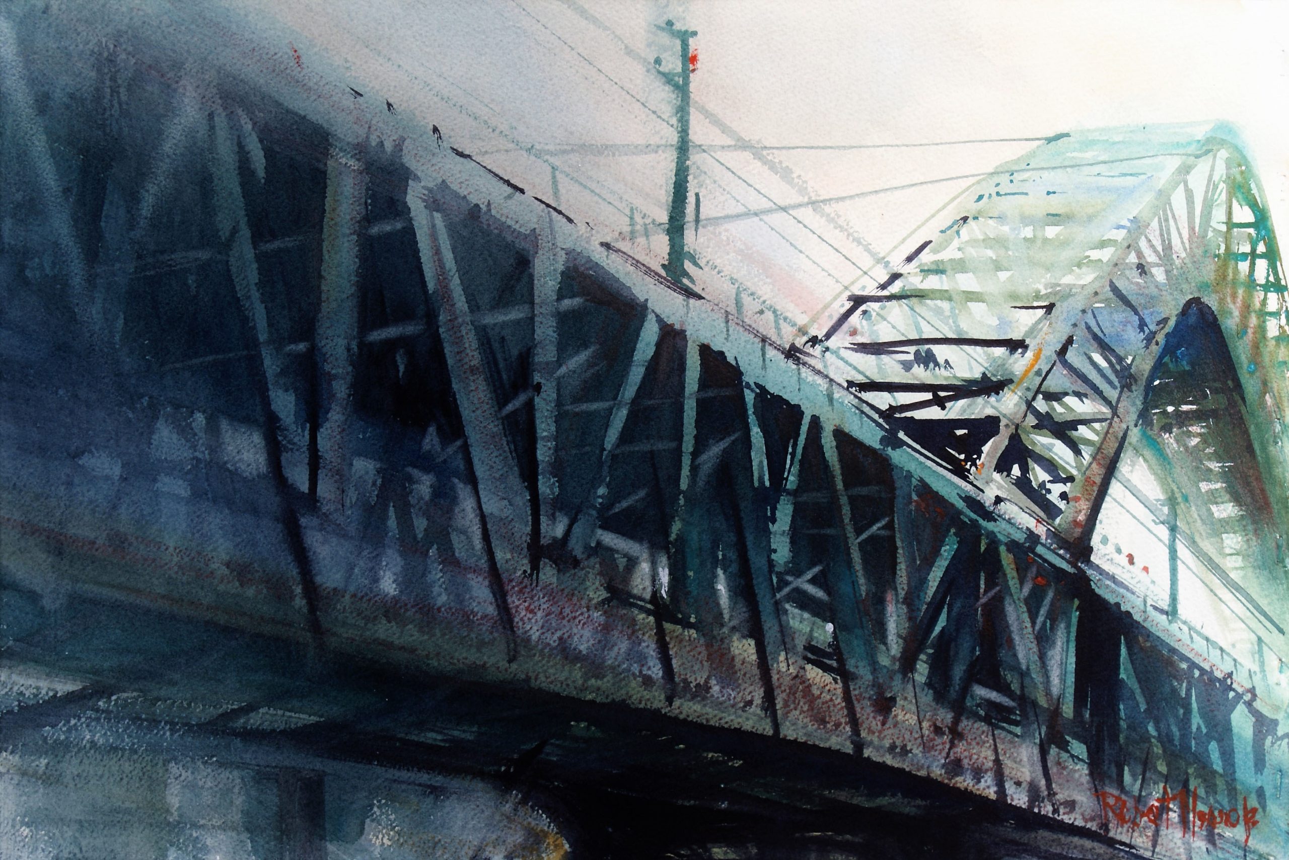 Watercolor painting of steel bridge with structural details