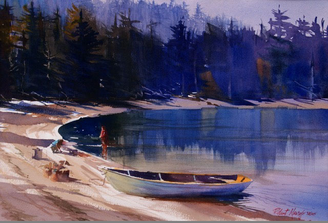 Watercolor painting of a boat on a calm lake near forested shore