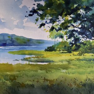 Watercolor landscape of riverbank with trees and distant hills