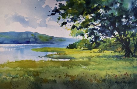 Watercolor landscape of riverbank with trees and distant hills