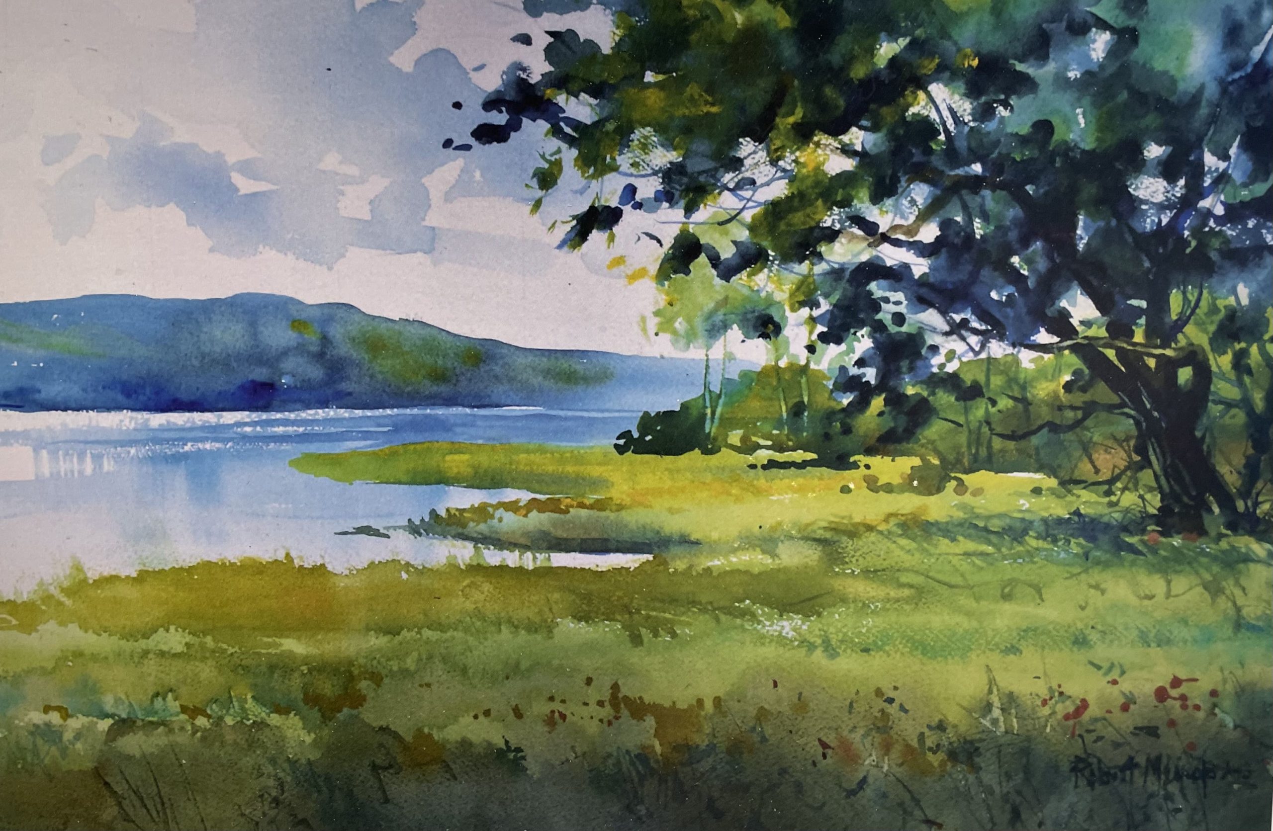 Watercolor landscape of riverbank with trees and distant hills