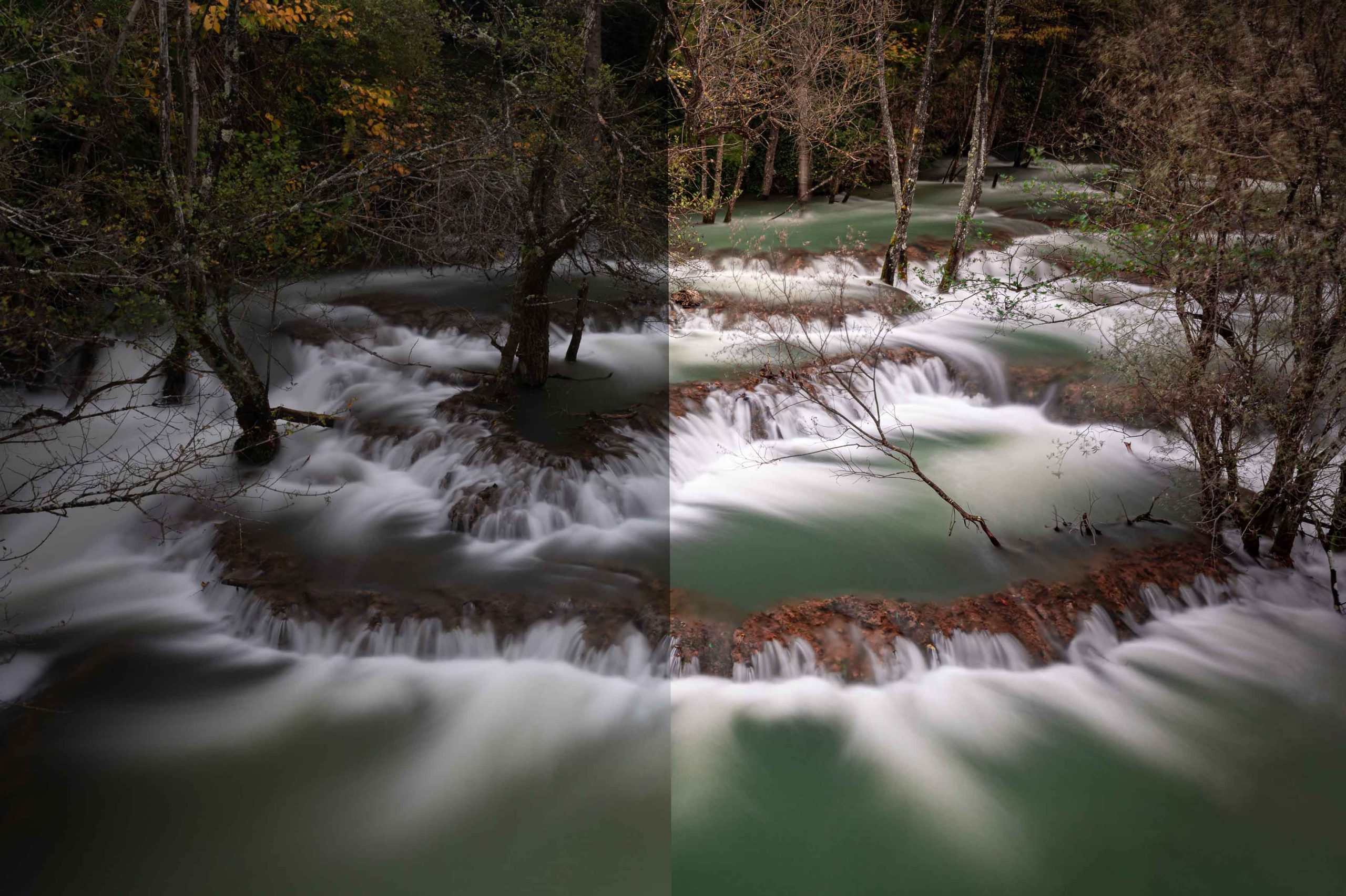 Flowing river surrounded by autumn trees